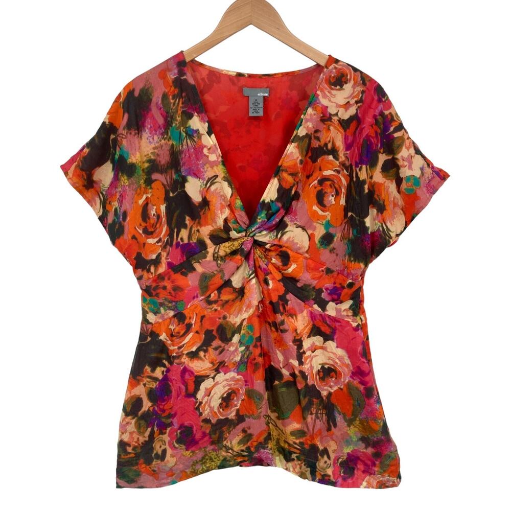 Ellavie Blouse Top Womens 12 Multi Floral Silk Short Sleeve V Neck Twisted Front